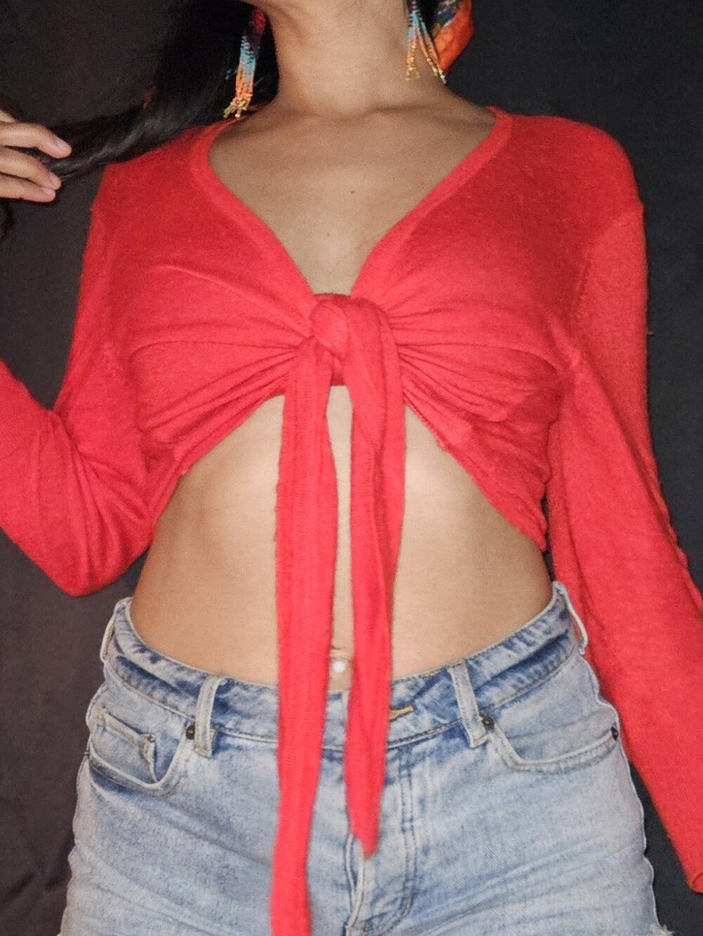 H&M Red Tie-Front Long Sleeve Crop Top